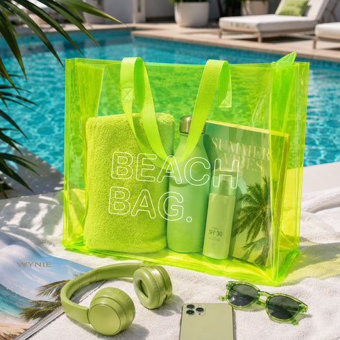 Beach Bag Fluo WYNIE - Maxi Borsa Mare Trasparente Colorata in PVC, colore giallo fluo