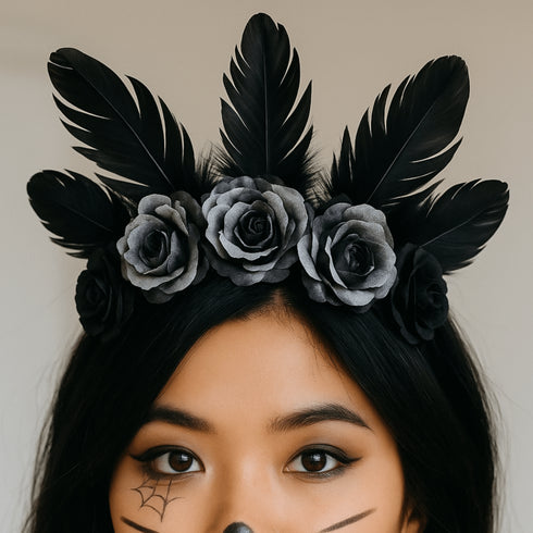 HALLOWYNIE Cerchietto per Capelli Rose Nere e Piume | Halloween Edition