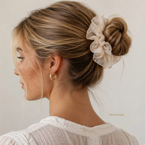 Elastico per Capelli Scrunchie Plissettato Effetto Chiffon Plissettato Wynie, bianco avorio