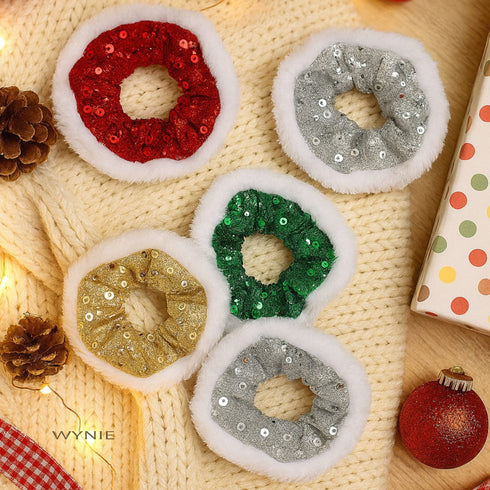 Scrunchies Natale con Paillettes Rosso, Verde, Argento e Oro | Wynie Christmas Collection