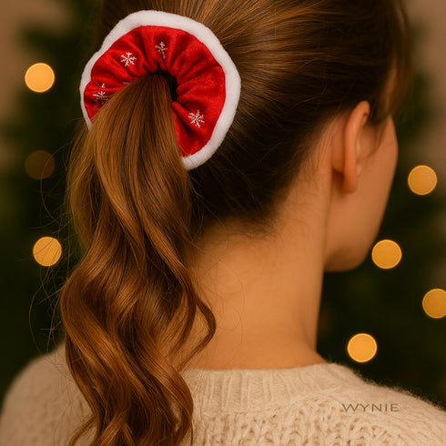 Elastici Scrunchies Natale in Tessuto Rosso e Verde con Fiocchi di Neve | Wynie Christmas Collection
