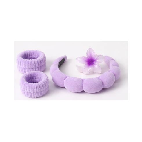 Wynie Skincare Headband Set - Cerchietto, Polsini e Pinza per Capelli in Spugna per la Pulizia del Viso Lilla Delicato
