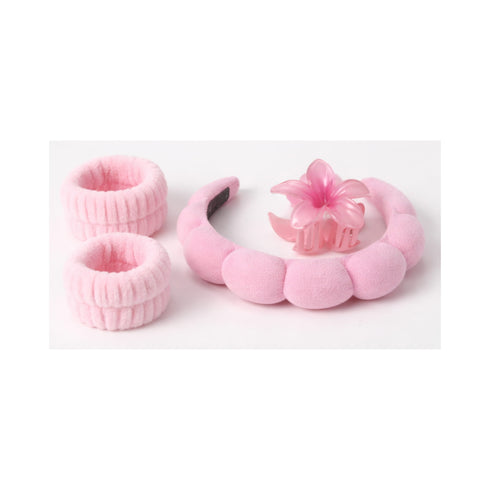Wynie Skincare Headband Set - Cerchietto, Polsini e Pinza per Capelli in Spugna per la Pulizia del Viso Rosa Chiaro