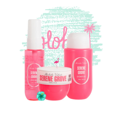 Michela Valenti Serene Grove Set Profumato | Body Mist, Crema Corpo e Doccia Schiuma dalla profumazione tropicale fruttata e floreale. Colore fucsia