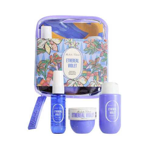 Michela Valenti Ethereal Violet Set Corpo Profumato | Body Mist, Crema Corpo e Doccia Schiuma al Profumo Floreale Muschiato con Pochette viola lilla in PVC