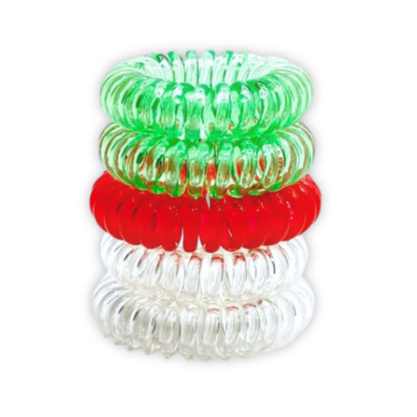 Set Elastici a Spirale Natale – 5 Pezzi Anticrespo in Verde, Rosso e Trasparente | Wynie Christmas Collection