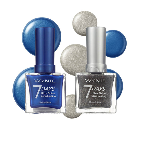Set Smalti Wynie 7 Days - Midnight Toast Nail Polish Duo | Edizione Limitata per le Feste, blu perlato e argento glitter