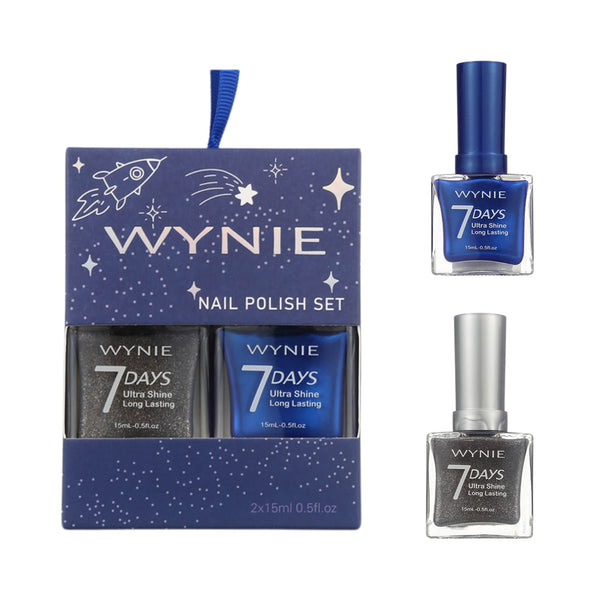 Set Smalti Wynie 7 Days - Midnight Toast Nail Polish Duo | Edizione Limitata per le Feste, blu perlato e argento glitter