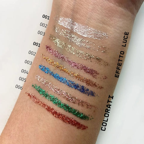 Swatch degli eyeliner glitterati Wynie Cosmetics Sparkling Glitter Eyeliner, in tonalità neutre e colorate