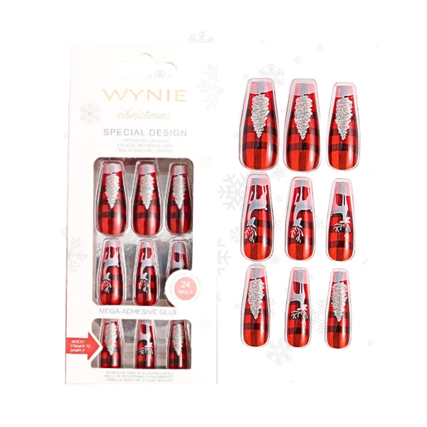 Unghie Finte Coffin Natale Rosso e Argento Glitter – Manicure Sparkling (Colla in clusa) | Wynie Christmas Collection