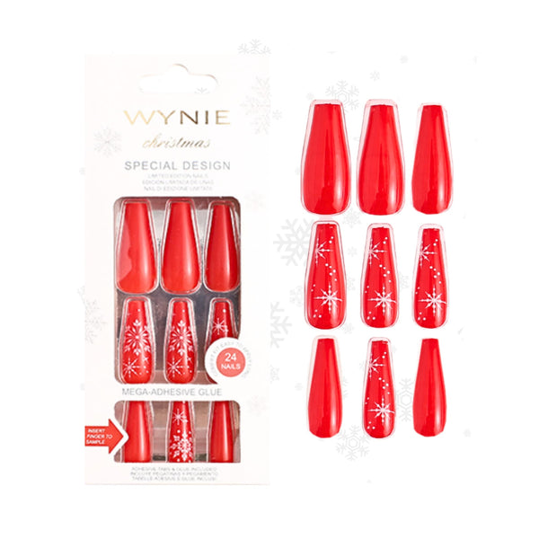 Unghie Finte Coffin Rosso Ciliegia e Dettagli Argento – Manicure Natale Minimal Chic (Colla Inclusa) | Wynie Christmas Collection
