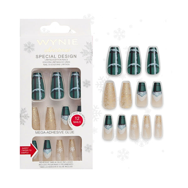 Unghie Finte Coffin Natale Verde Oro – Set Festivo Chic (Colla Inclusa) | Wynie Christmas Collection