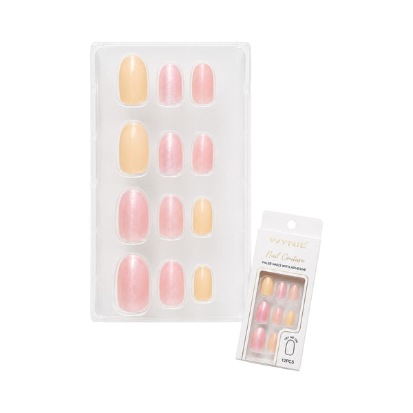 Unghie Finte Ovali Press On Rosa Pesca e Giallo Pastello Effetto Perlato | Wynie Nail Couture