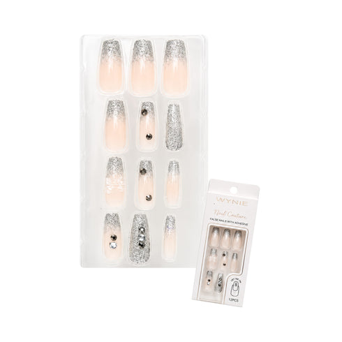 Unghie Finte Ballerina Press On Nude e Argento con Strass | Wynie Nail Couture