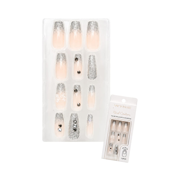 Unghie Finte Ballerina Press On Nude e Argento con Strass | Wynie Nail Couture
